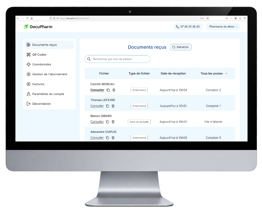 Vue de l'interface de réception des documents sur le PC du pharmacien