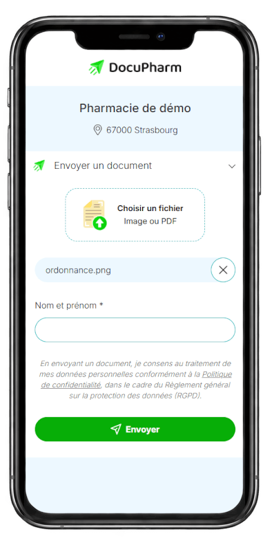 Vue de l'interface d'envoi de documents sur le smartphone du patient